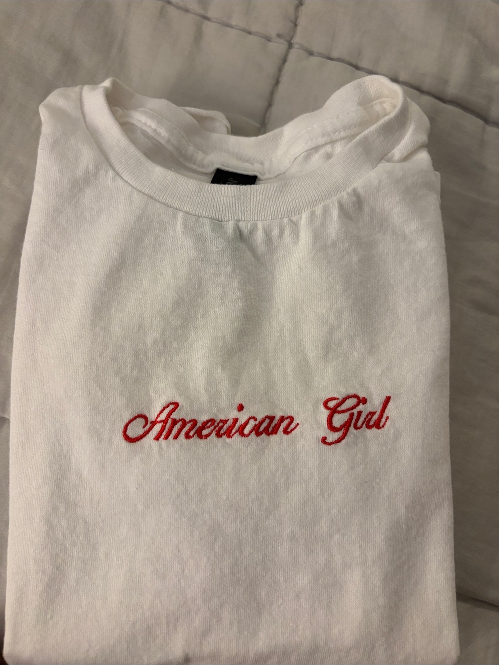 American Girl White Tee with Red Script Embroidery